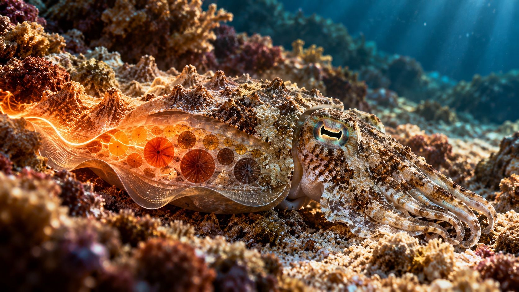A cuttlefish lying on a rocky seabed, with a cutaway of its skin showing glowing color cells of different sizes, and bumpy skin matching the surroundings