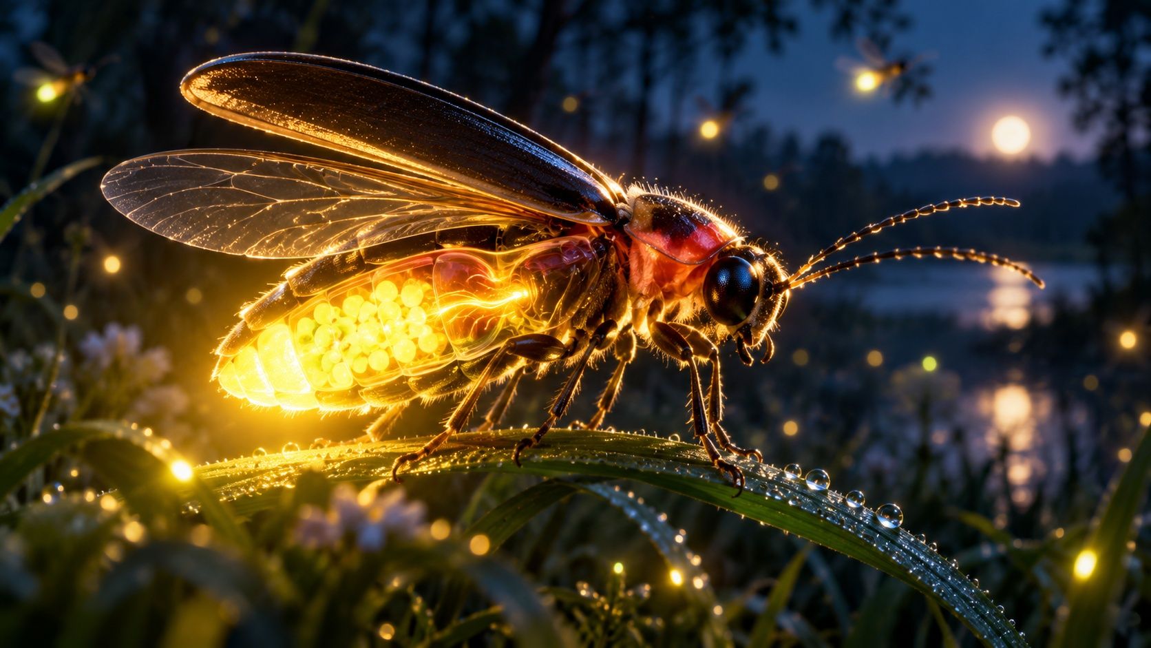 A firefly on a dewy blade of grass at night with a cutaway of its glowing yellow tail, and more fireflies glowing over a lake under the moon