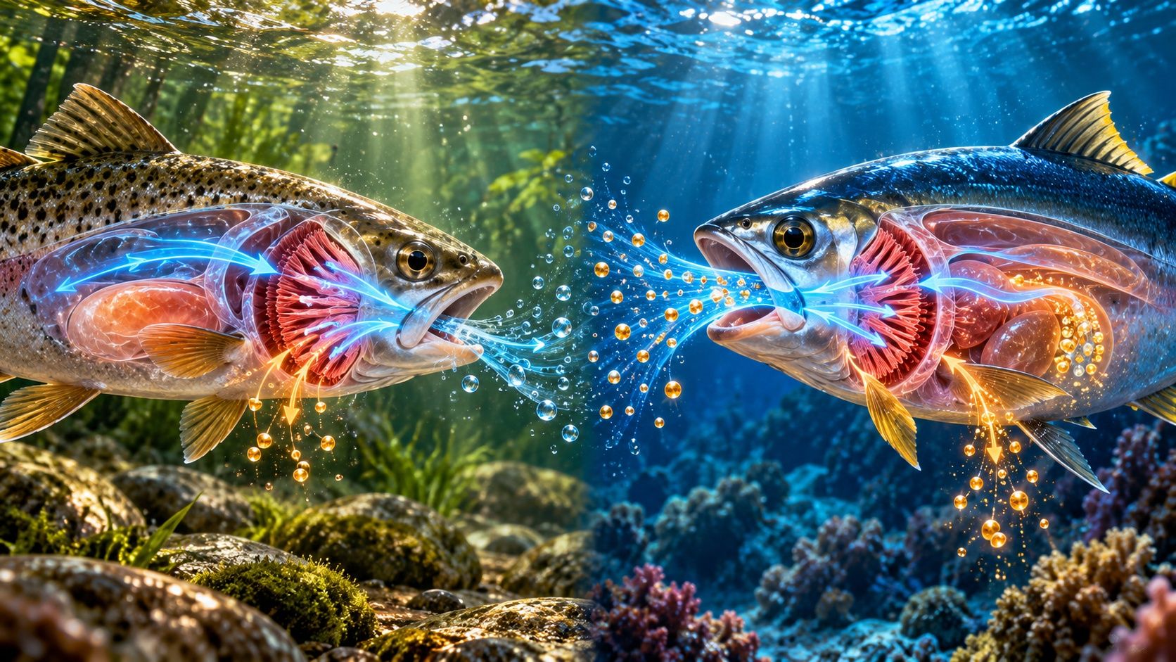 A freshwater trout and a saltwater fish facing each other, with cutaways showing blue water flowing through their mouths and gills and orange salt particles moving in and out