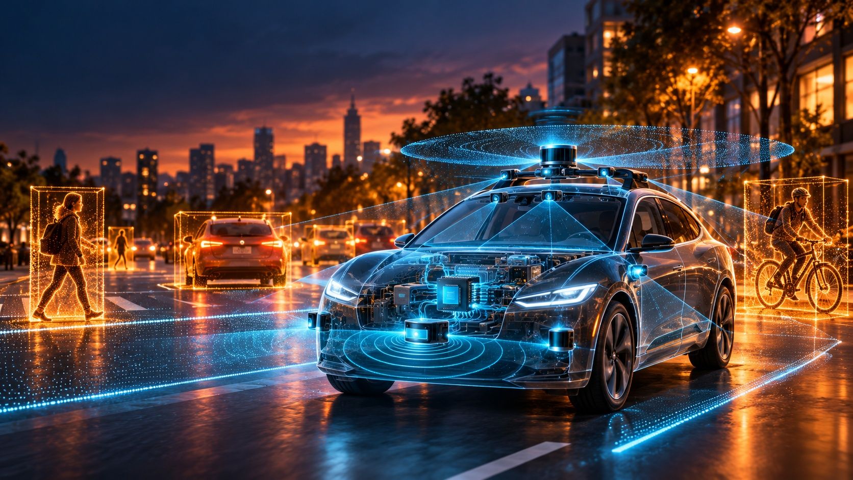 A see-through car on a city street at dusk, with a spinning laser on the roof, cameras and radar sending out beams, and glowing boxes around a pedestrian, cars and a cyclist