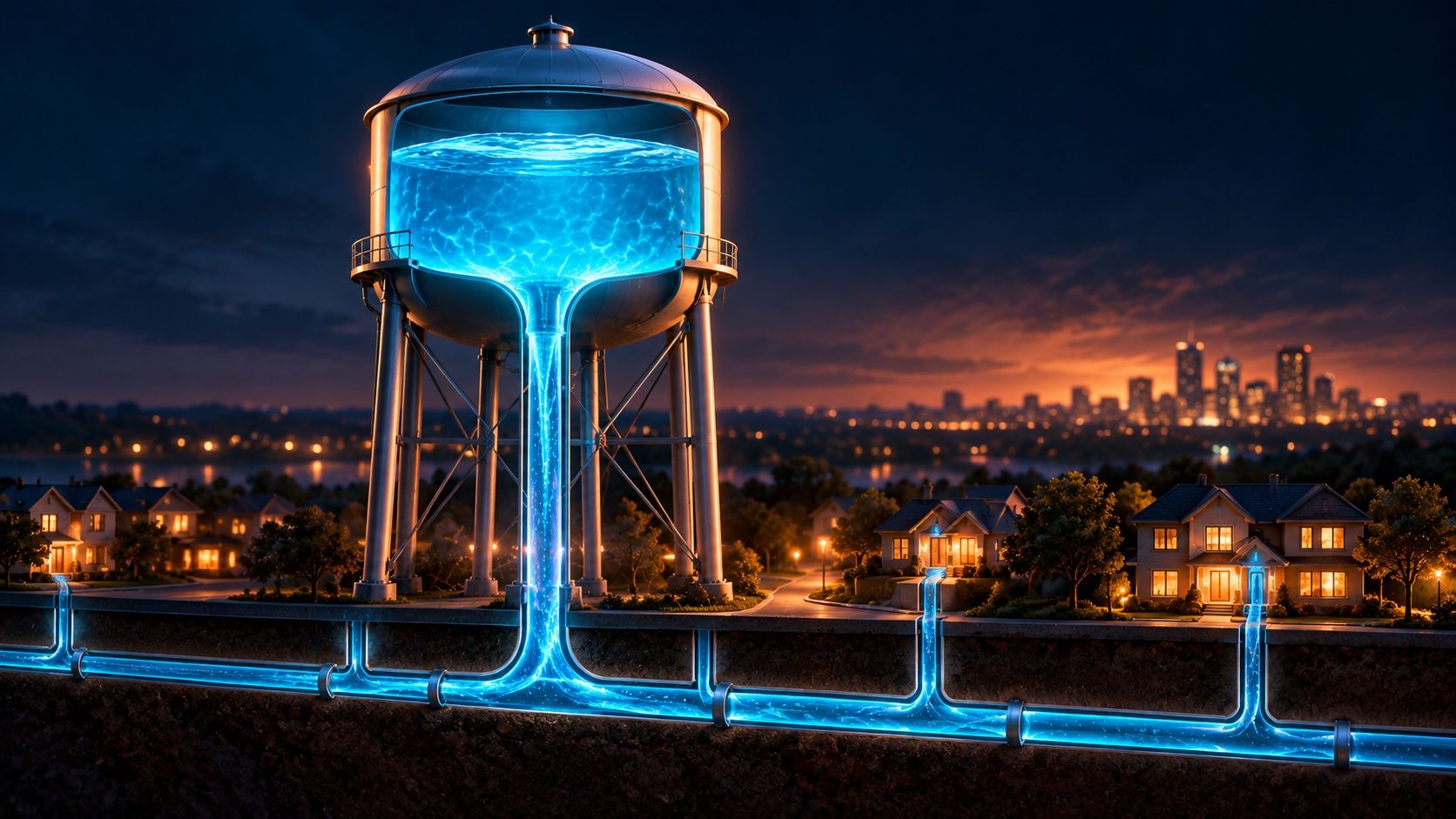 A tall water tower with a glowing blue tank, water running down through its stem into underground pipes that branch out to houses