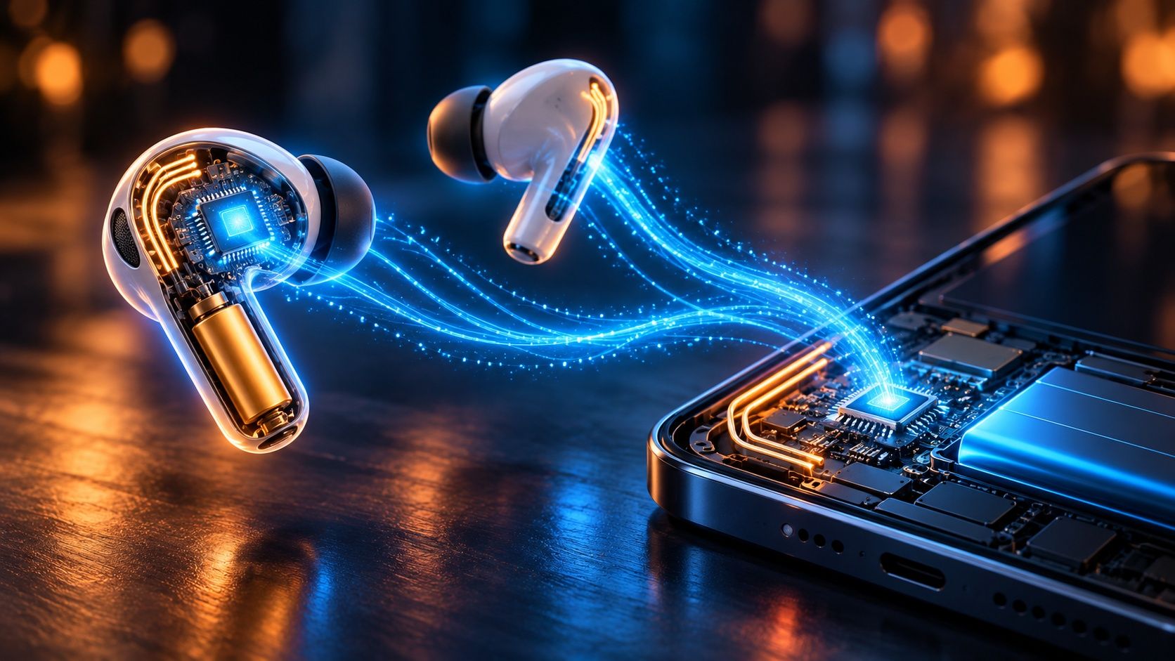 Two wireless earbuds with cutaways showing chips and batteries, connected to a phone by glowing streams of blue data