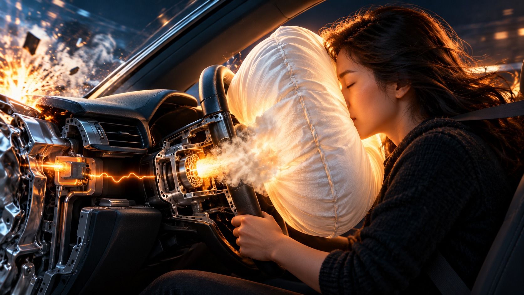Cutaway car dashboard during a crash, with a glowing signal from the crash sensor to the steering wheel inflator and a white airbag cushioning the driver