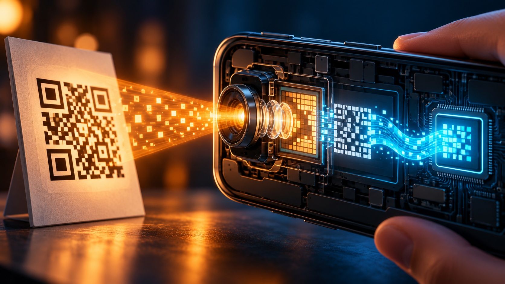 A phone with a see-through back scanning a QR code, with orange light carrying the pattern into the camera and blue data flowing to a chip