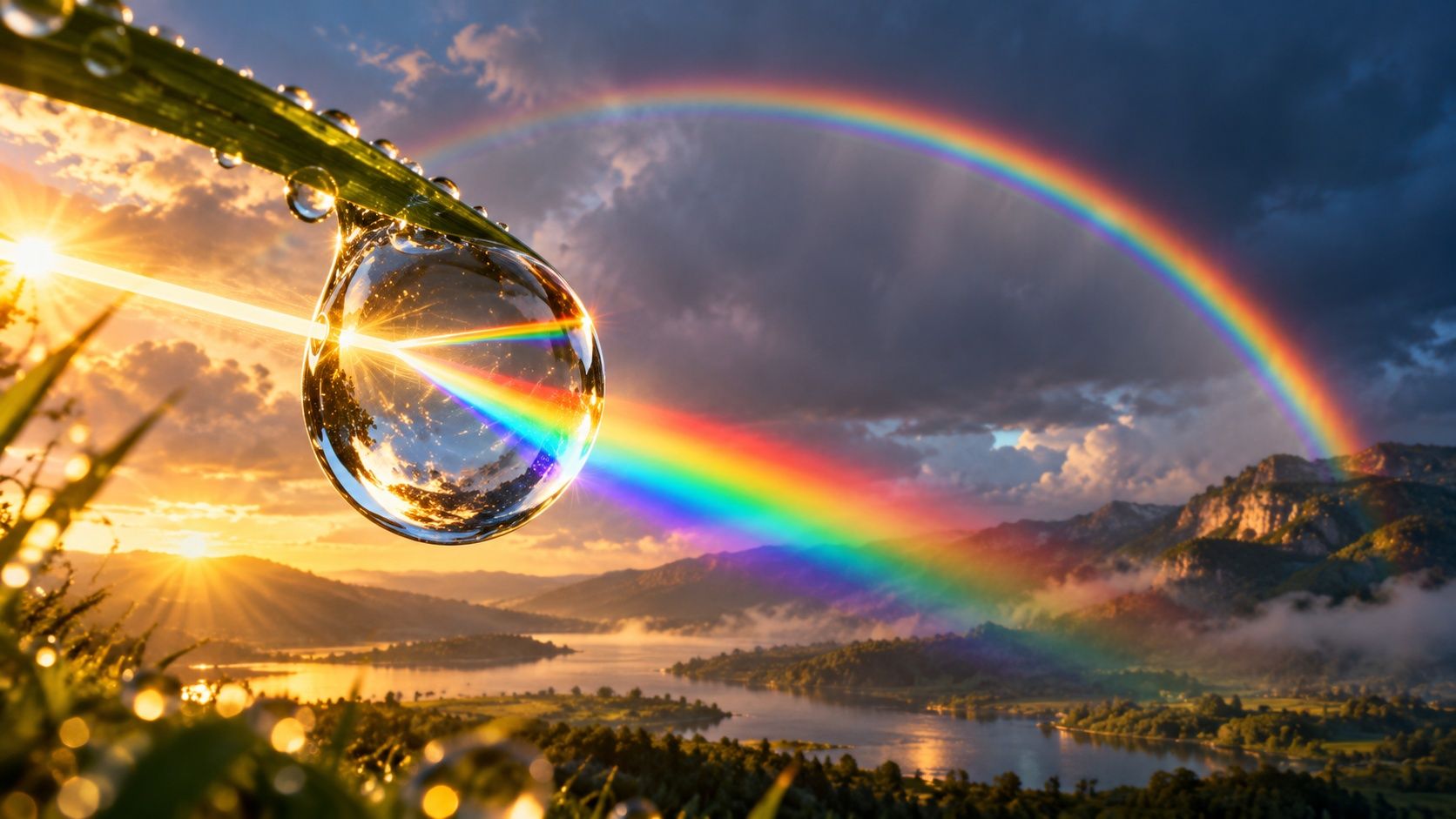 A raindrop on a blade of grass splitting a beam of sunlight into colors, with a large rainbow arching over a valley and lake