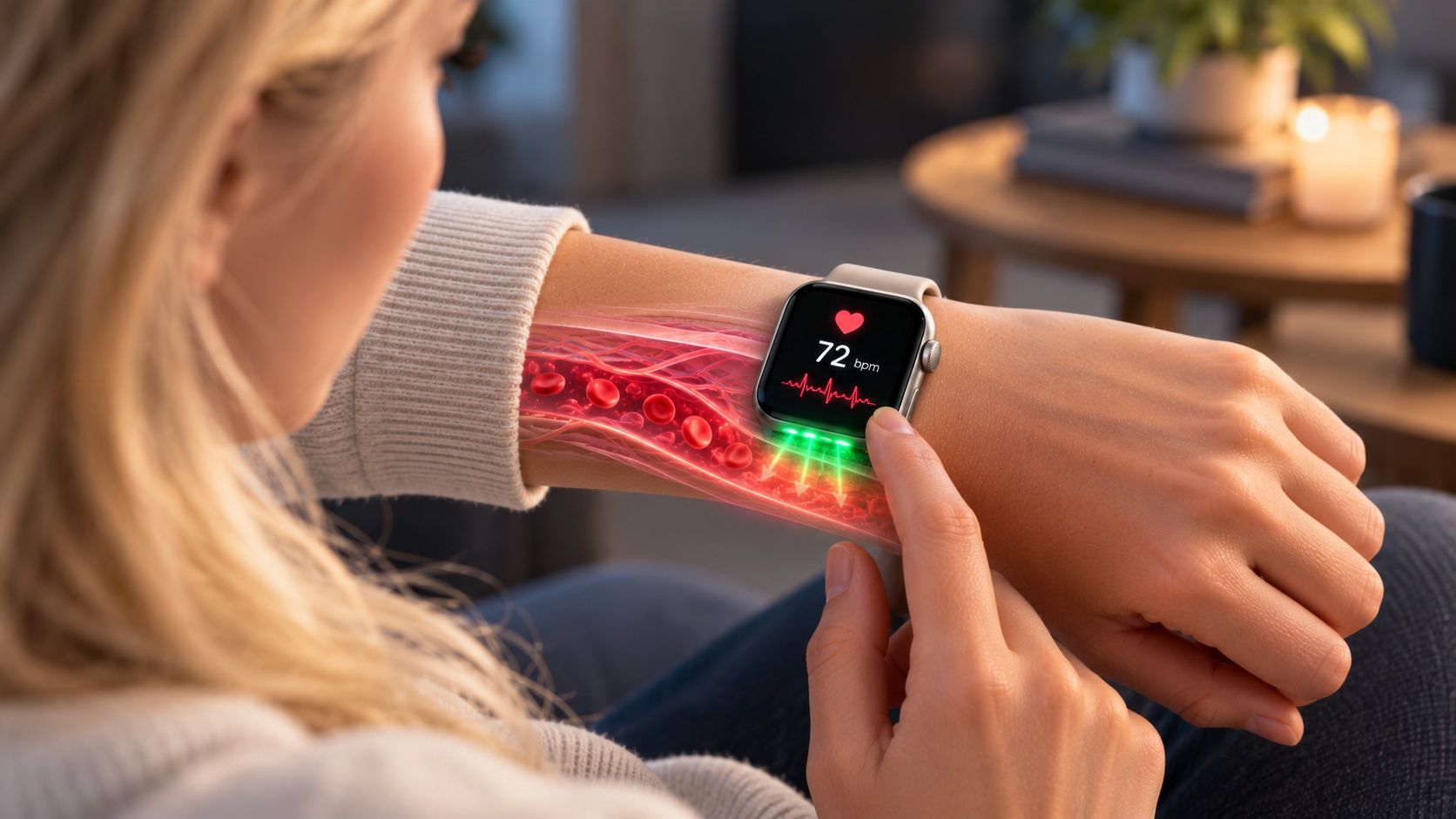 A woman looking at her smartwatch showing 72 beats per minute, with a cutaway of her wrist showing blood flowing and green light shining into the skin from the watch