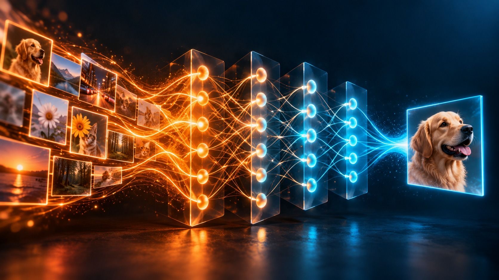 Thousands of example photos flowing as orange light through layers of a glowing neural network that outputs a picture of a golden retriever