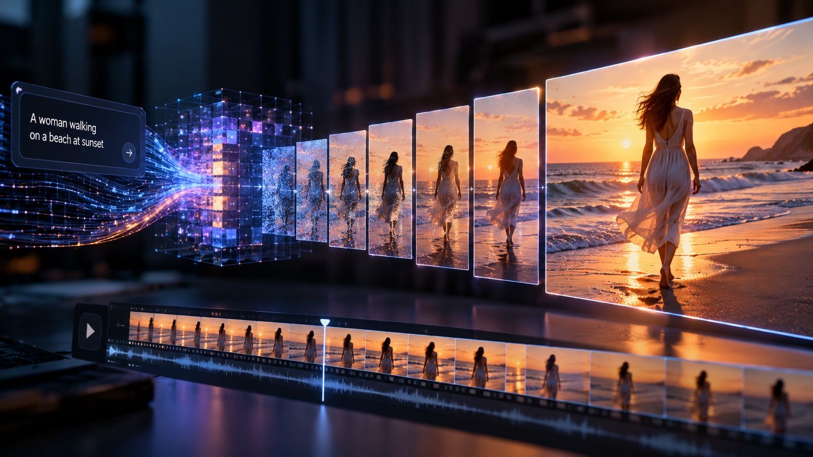 A text prompt about a woman on a beach flowing into a cube of noise, then a row of frames that become clearer until a sharp sunset video appears, above a video timeline