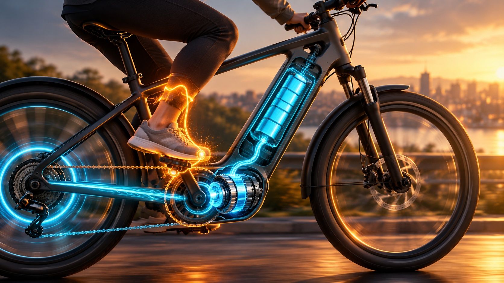 A person riding an e-bike at sunset, with a cutaway frame showing a glowing blue battery, a motor at the pedals and orange energy from the rider’s foot