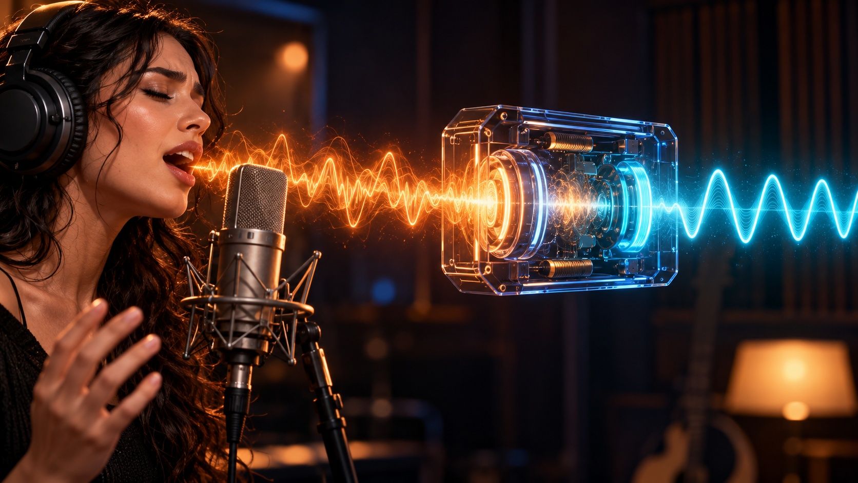 A woman singing into a microphone, with a wobbly orange sound wave entering a transparent device and leaving as a smooth blue wave