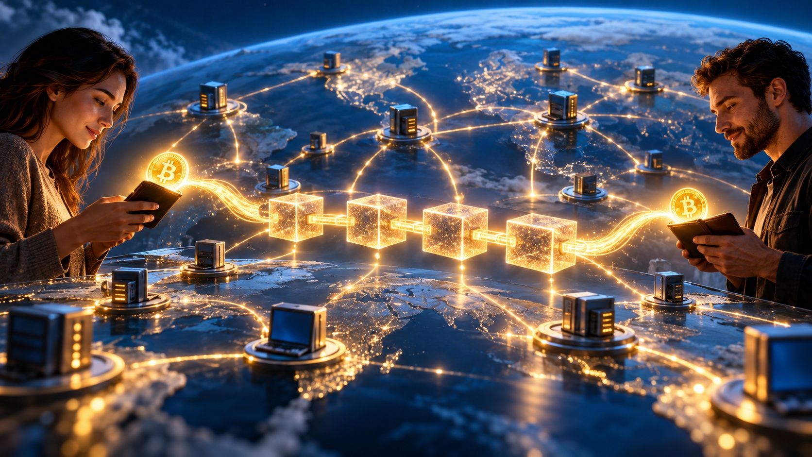 Two people sending a glowing Bitcoin between their phones through a chain of glass blocks, above a globe covered in connected computers