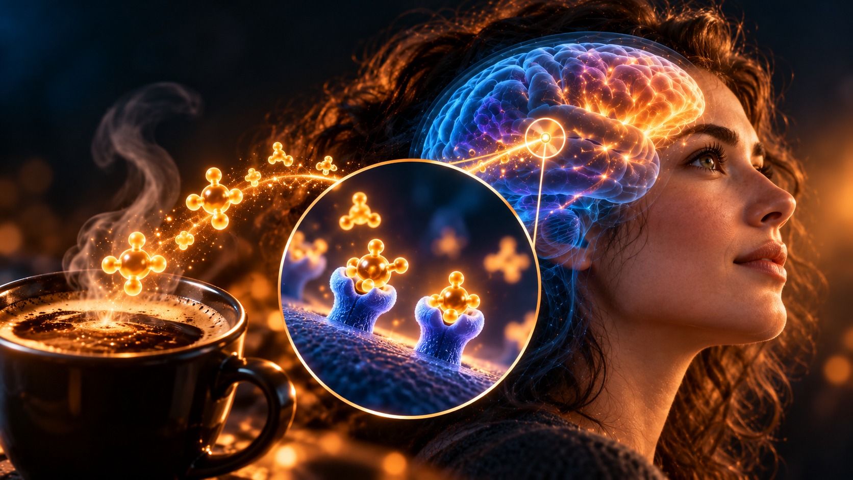 Cup of coffee releasing glowing caffeine molecules that travel to a woman’s brain, with a close-up of molecules sitting in brain receptors