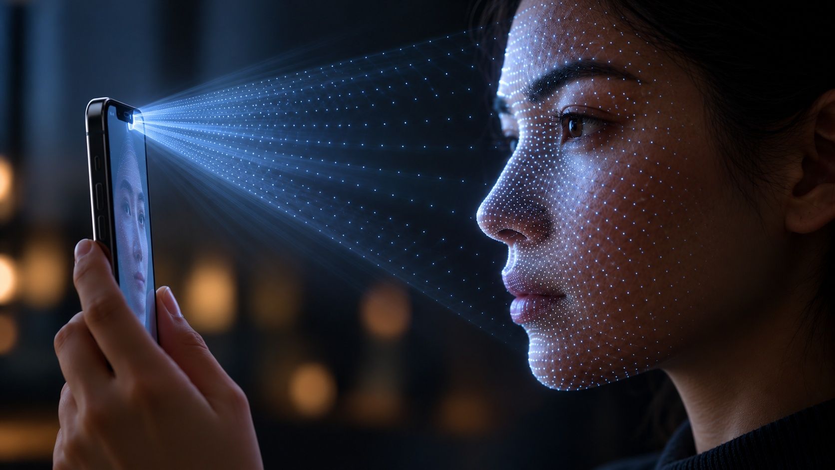 A woman holding up an iPhone as a beam of tiny glowing dots spreads from the top of the phone and covers her face in a 3D grid of points