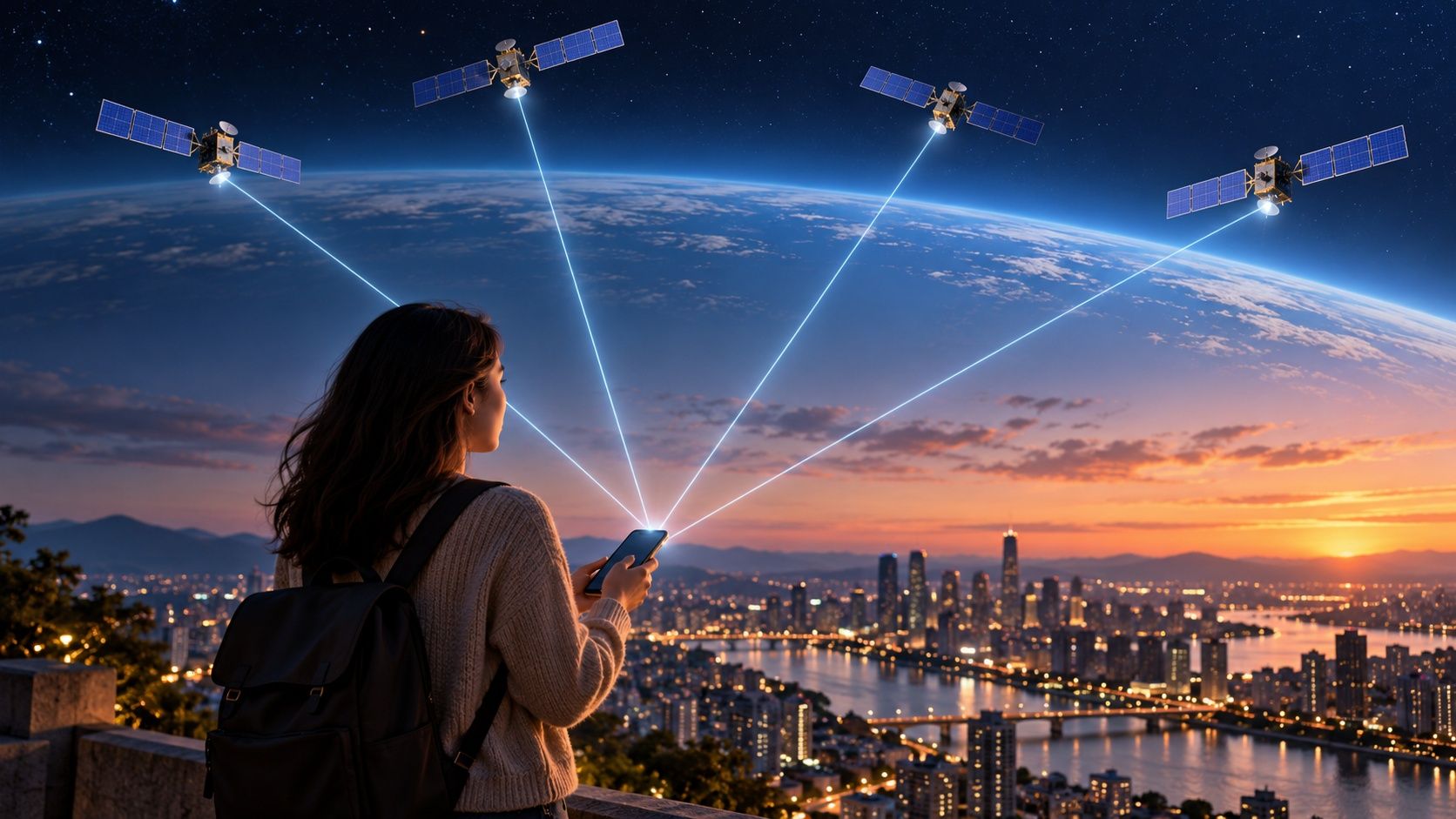 A woman with a phone on a hill above a city at dusk, with four lines of light connecting her phone to four satellites above the curved Earth
