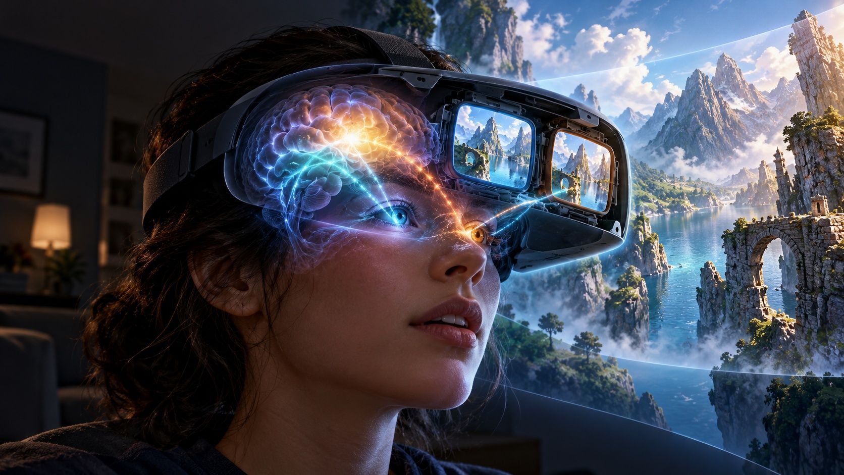 A woman wearing a cutaway VR headset, with two small screens inside and glowing signals traveling from her eyes to her brain as a fantasy landscape surrounds her