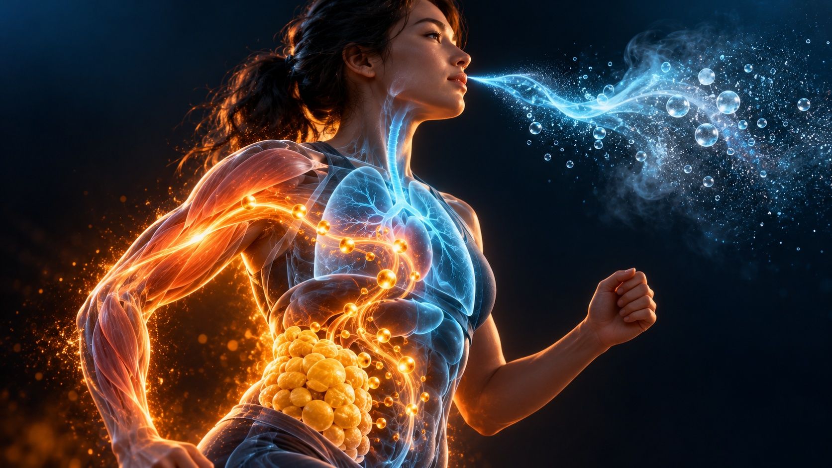A running woman with see-through body showing fat cells releasing glowing droplets that travel to her muscles, and her breath leaving as a stream of tiny particles