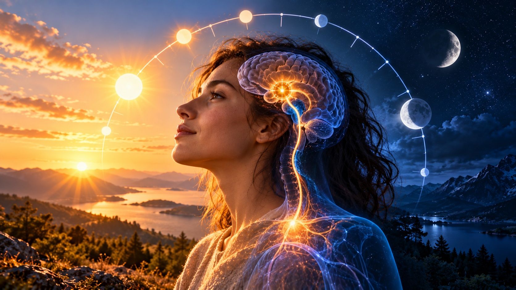 A woman looking at the sunrise, with a glowing clock center deep in her brain, signals running down through her body, and an arc of sun and moon phases from day to night