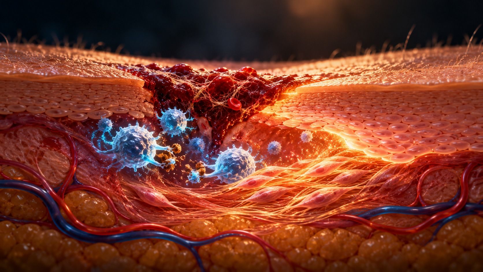 Cross-section of skin with a cut sealed by a blood clot, white immune cells eating germs and new skin cells growing in from the edge