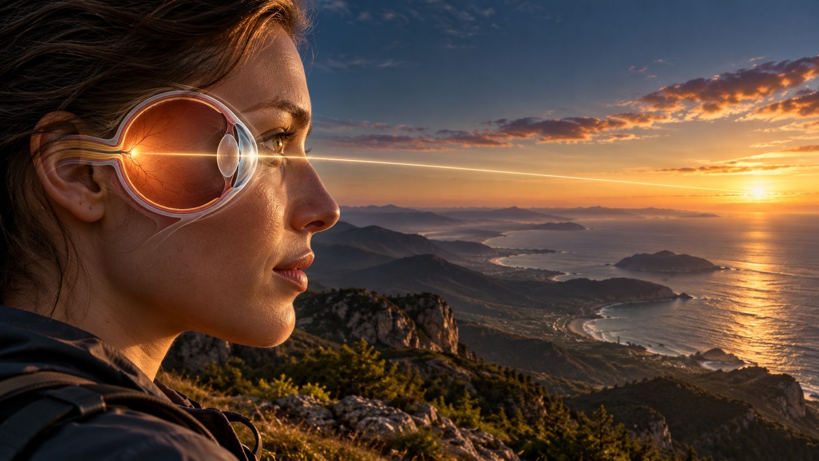 A woman on a mountaintop looking at the sunset over the sea, with a cutaway of her eye showing a beam of light traveling through the lens to the back of the eye