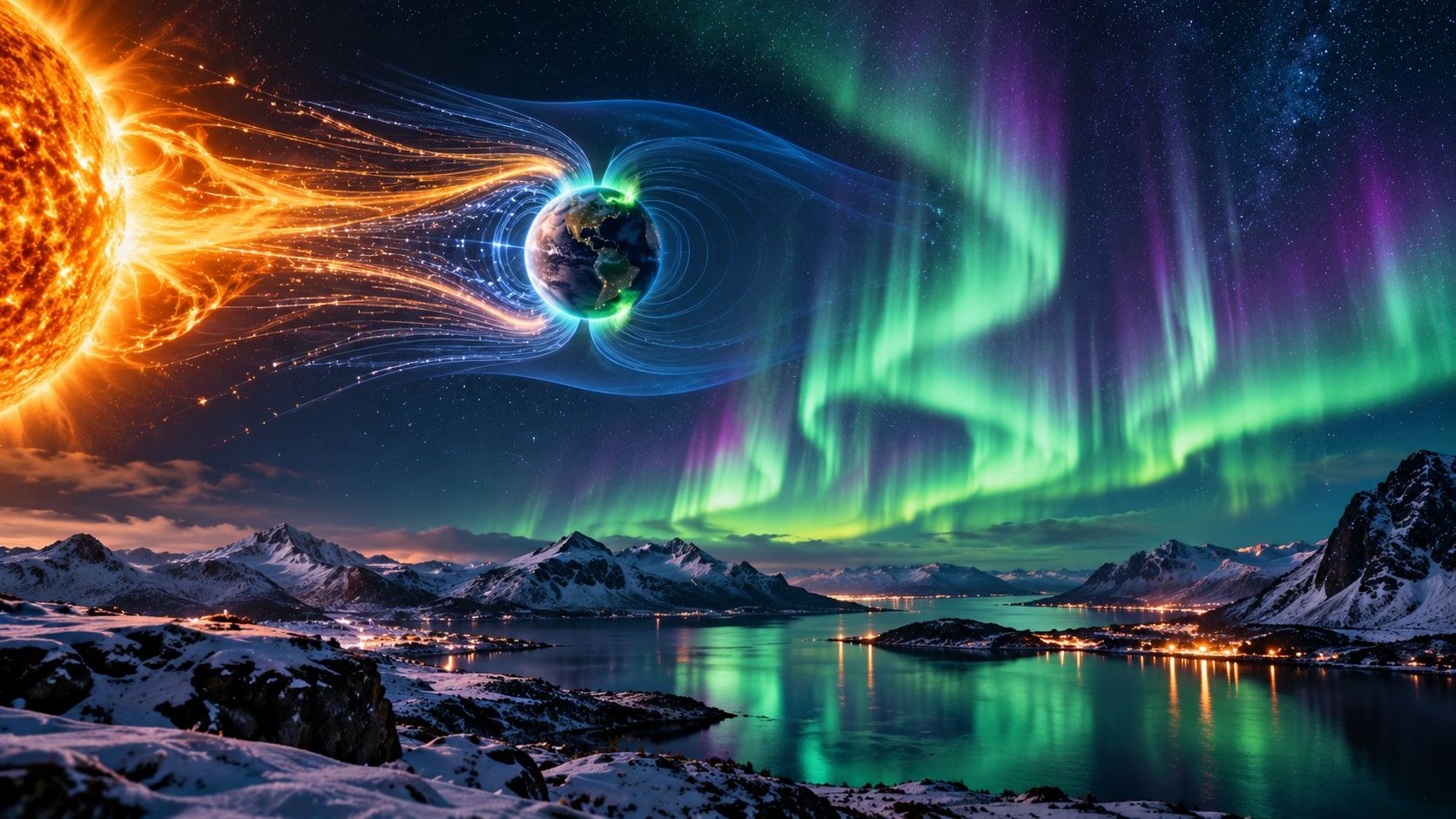The Sun sending glowing streams of particles toward Earth, where blue magnetic field lines guide them to the poles, above a snowy fjord lit by green and purple northern lights