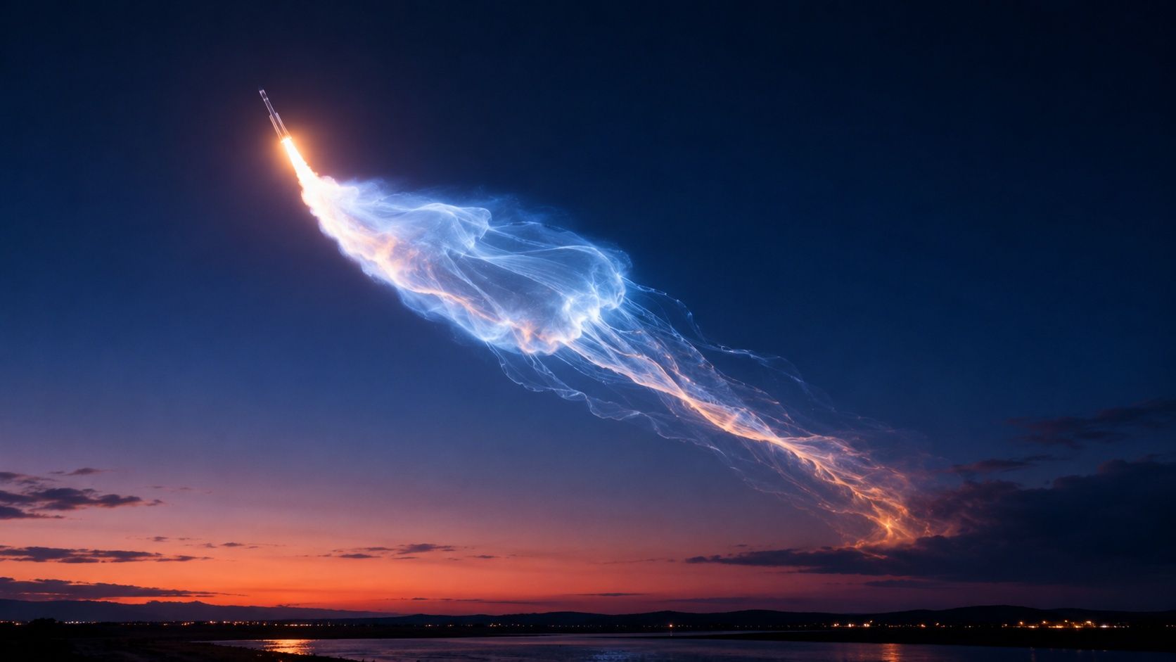 A rocket climbing through a dark blue twilight sky, trailing a huge glowing blue and white plume shaped like a jellyfish above a dark horizon