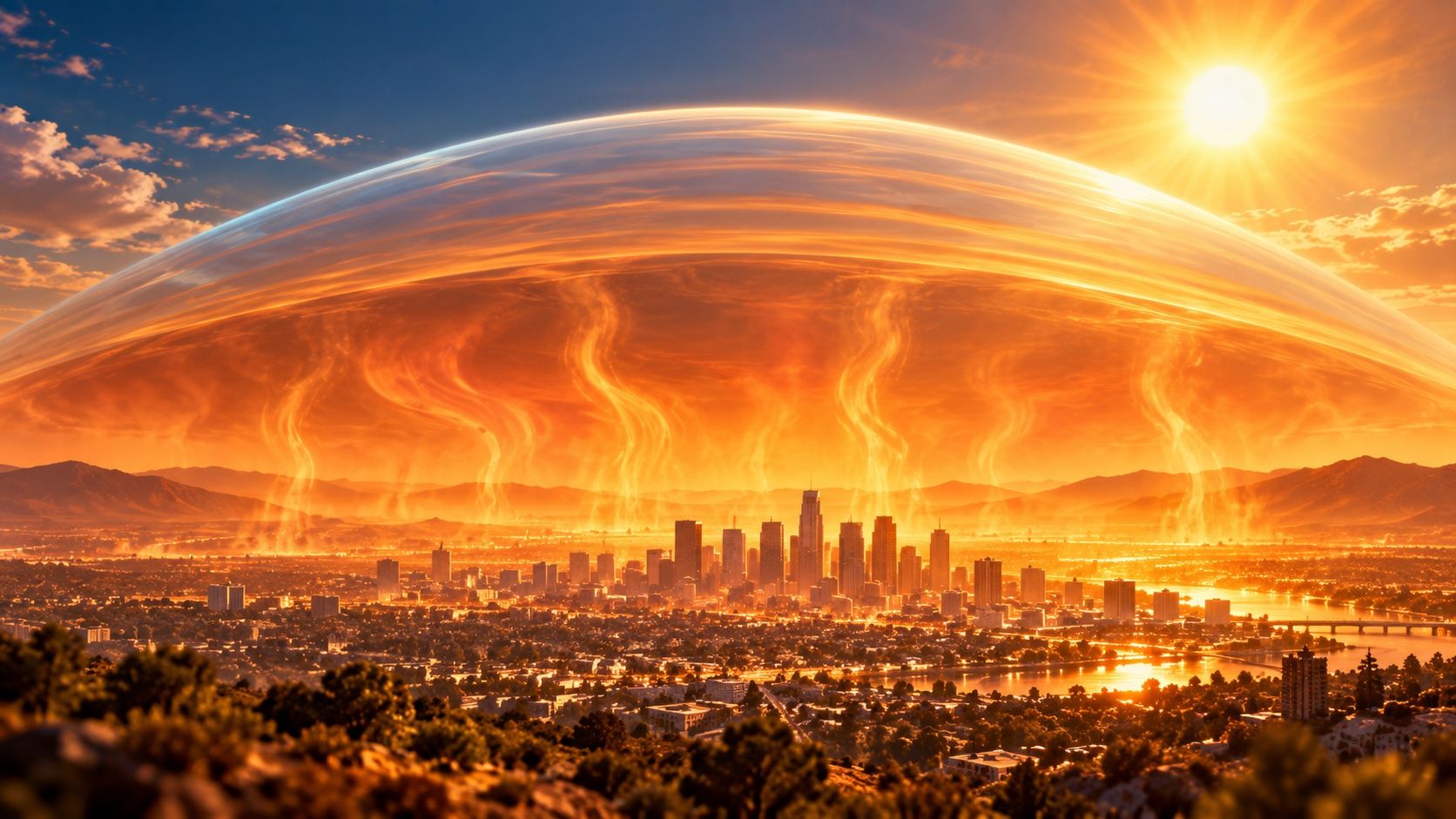 A city under a glowing transparent dome of hot air, with heat rising from the ground and the sun blazing above the mountains