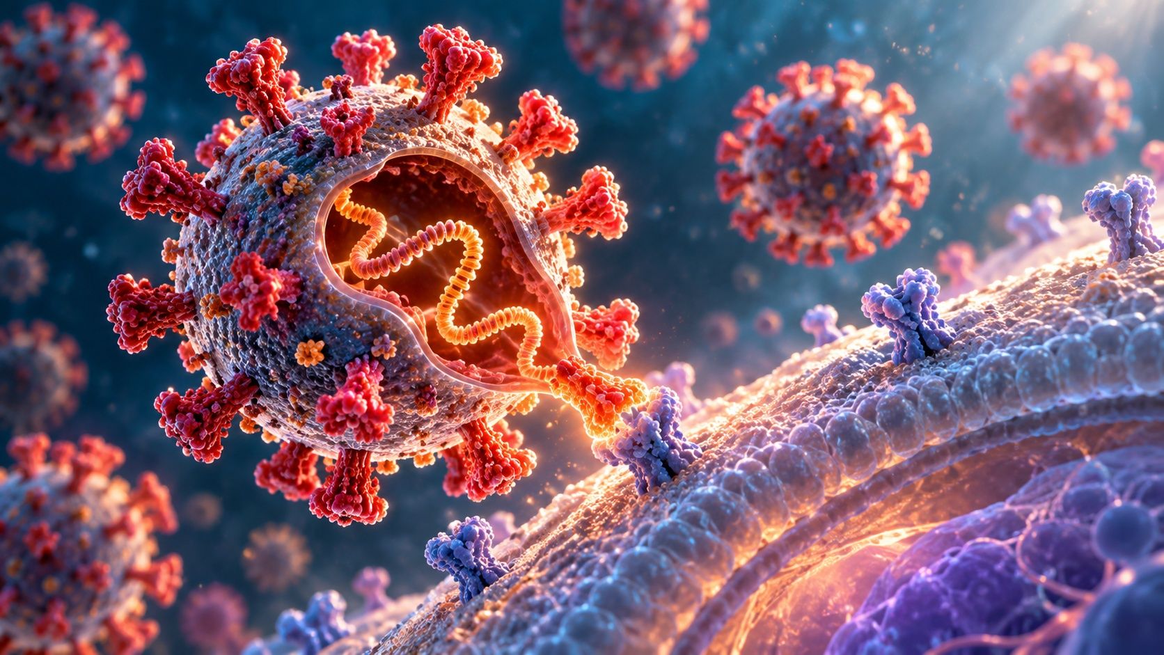 A spiky virus with a cutaway showing its glowing genetic material, attaching to a receptor on the surface of a human cell, with more viruses floating nearby