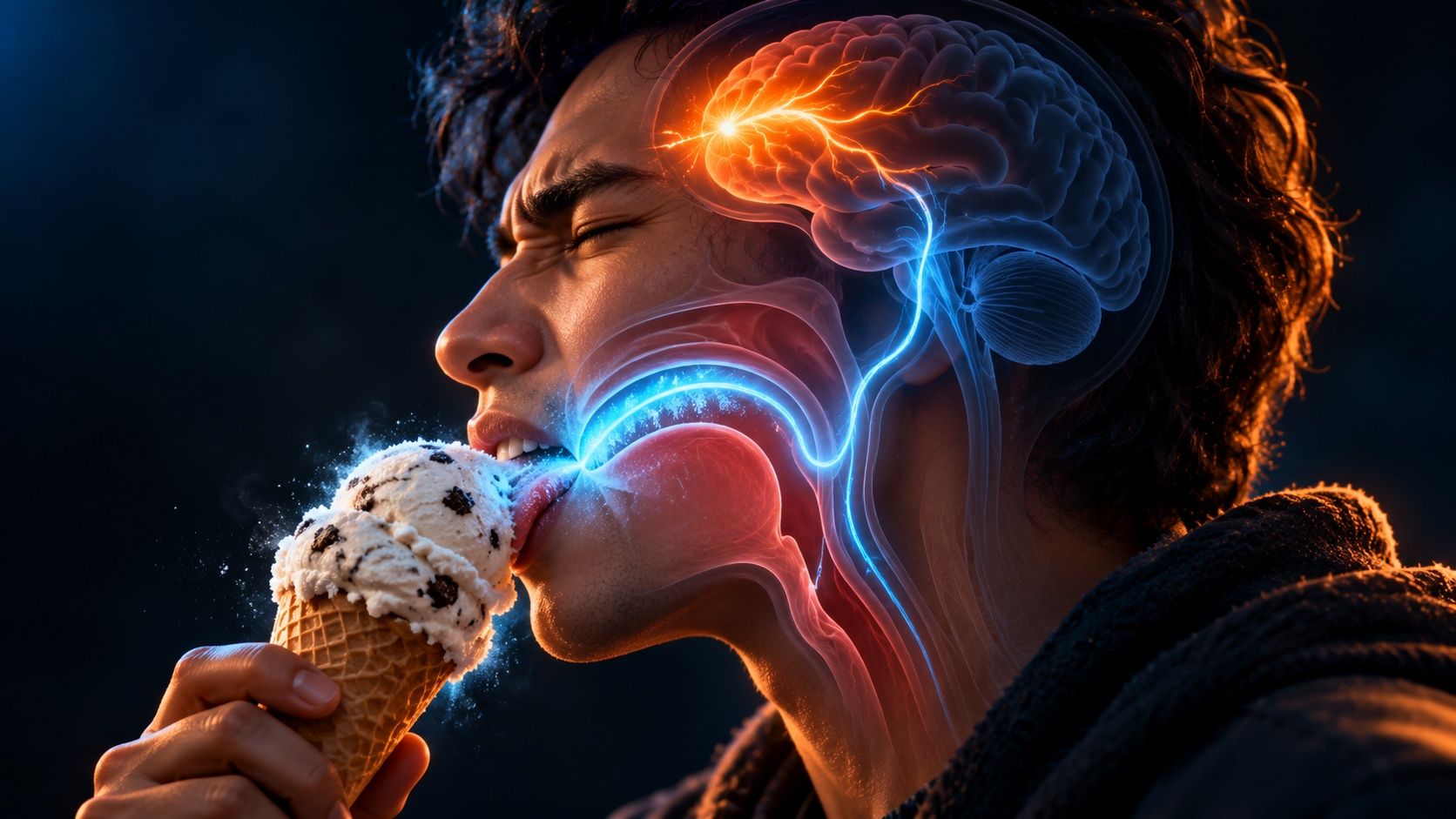 A man biting into an ice cream cone, with a see-through head showing cold spreading across the roof of his mouth and a blue nerve leading to an orange flash of pain in the front of his brain