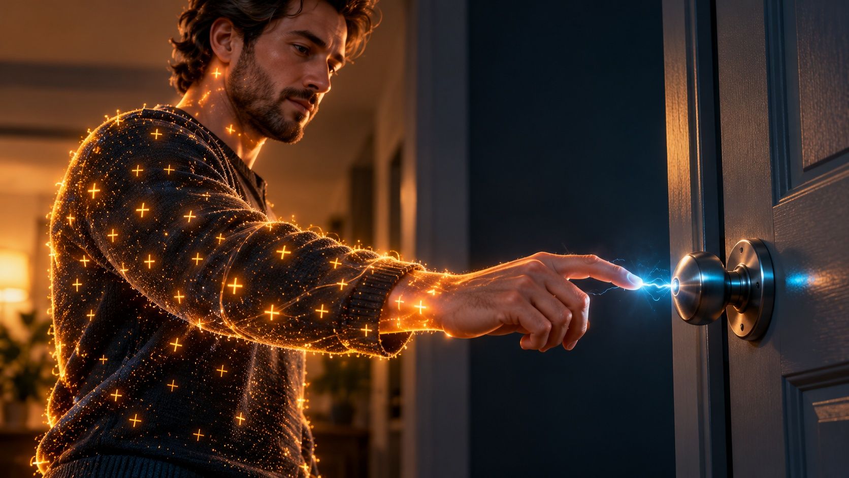 A man in a wool sweater covered in glowing charge symbols reaching for a metal door handle, with a small blue spark jumping from his fingertip