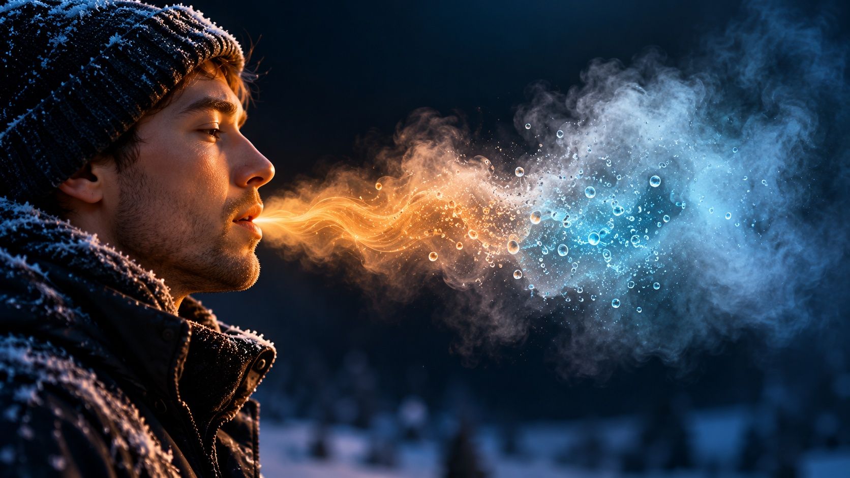 A man in a winter hat breathing out warm orange air that turns into a cloud of blue water droplets in the cold night