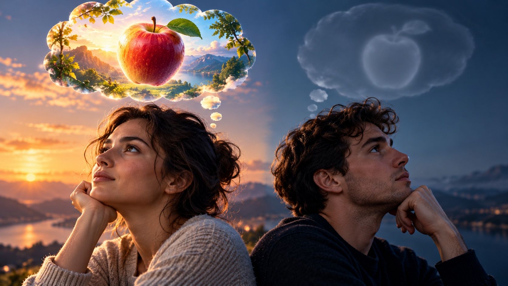 A woman imagining a vivid, colorful apple in a thought bubble, next to a man whose thought bubble shows only a faint outline of an apple