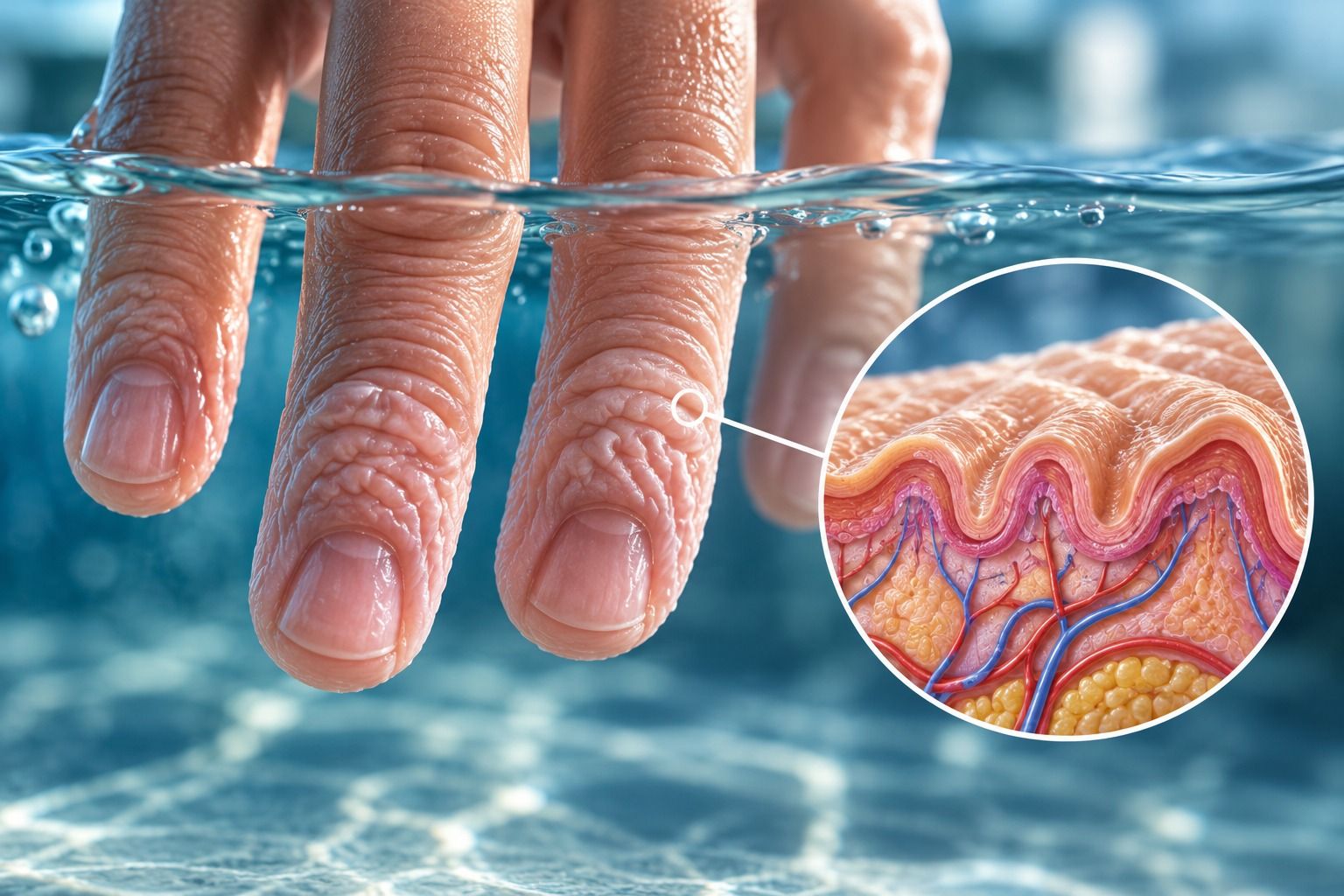 Wrinkled fingertips under water with a close-up showing folded skin layers and blood vessels beneath