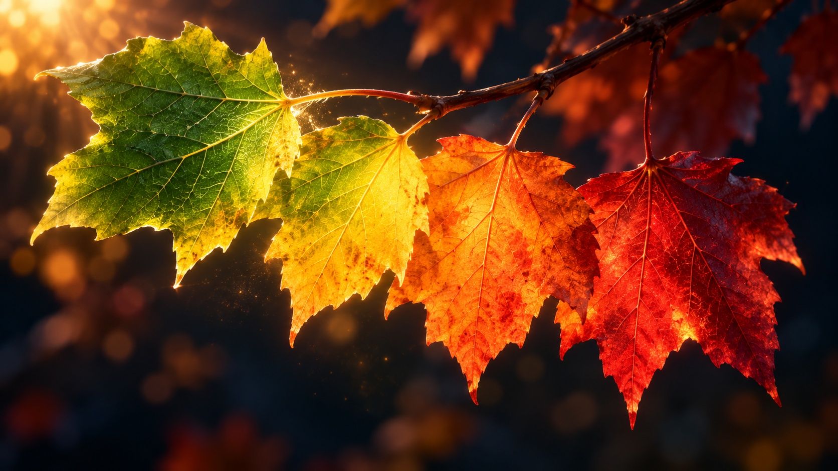Four backlit leaves on a branch shifting from green to yellow, orange and deep red