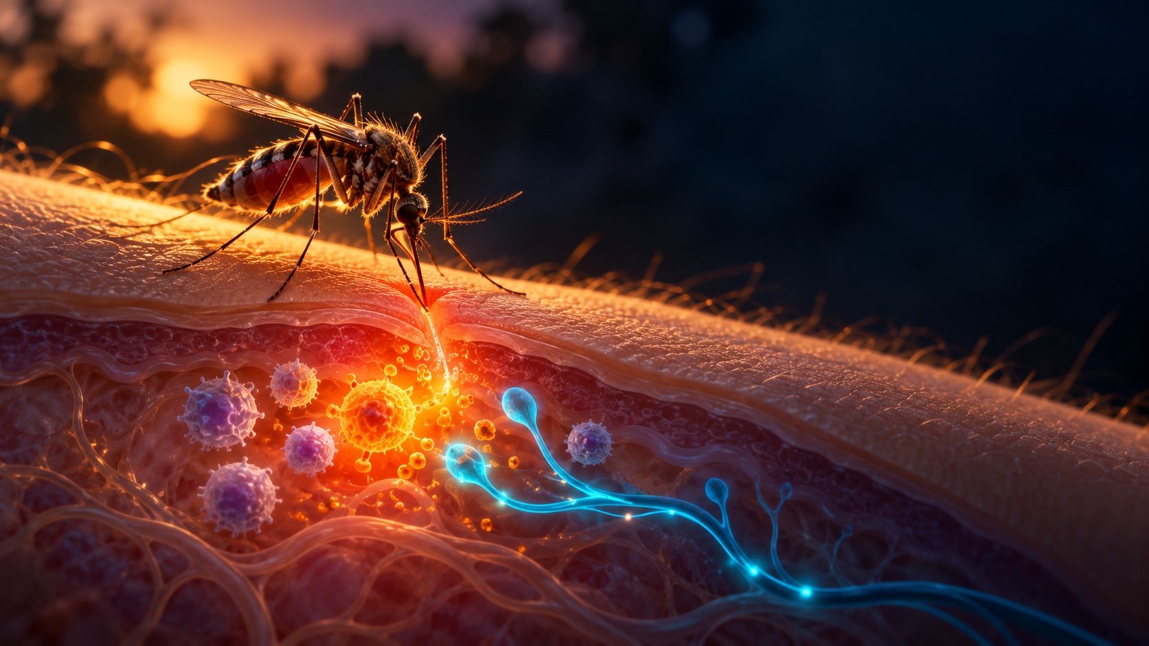 A mosquito biting skin, with a cross-section showing saliva entering, immune cells releasing glowing histamine and blue nerves lighting up