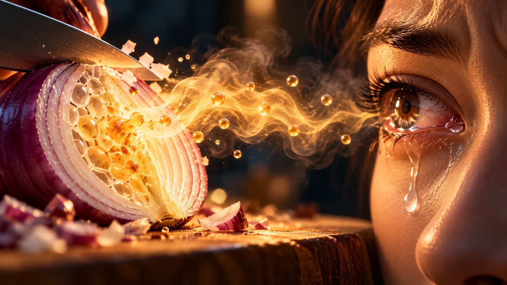 Knife cutting a red onion, releasing a golden gas that drifts toward a teary eye