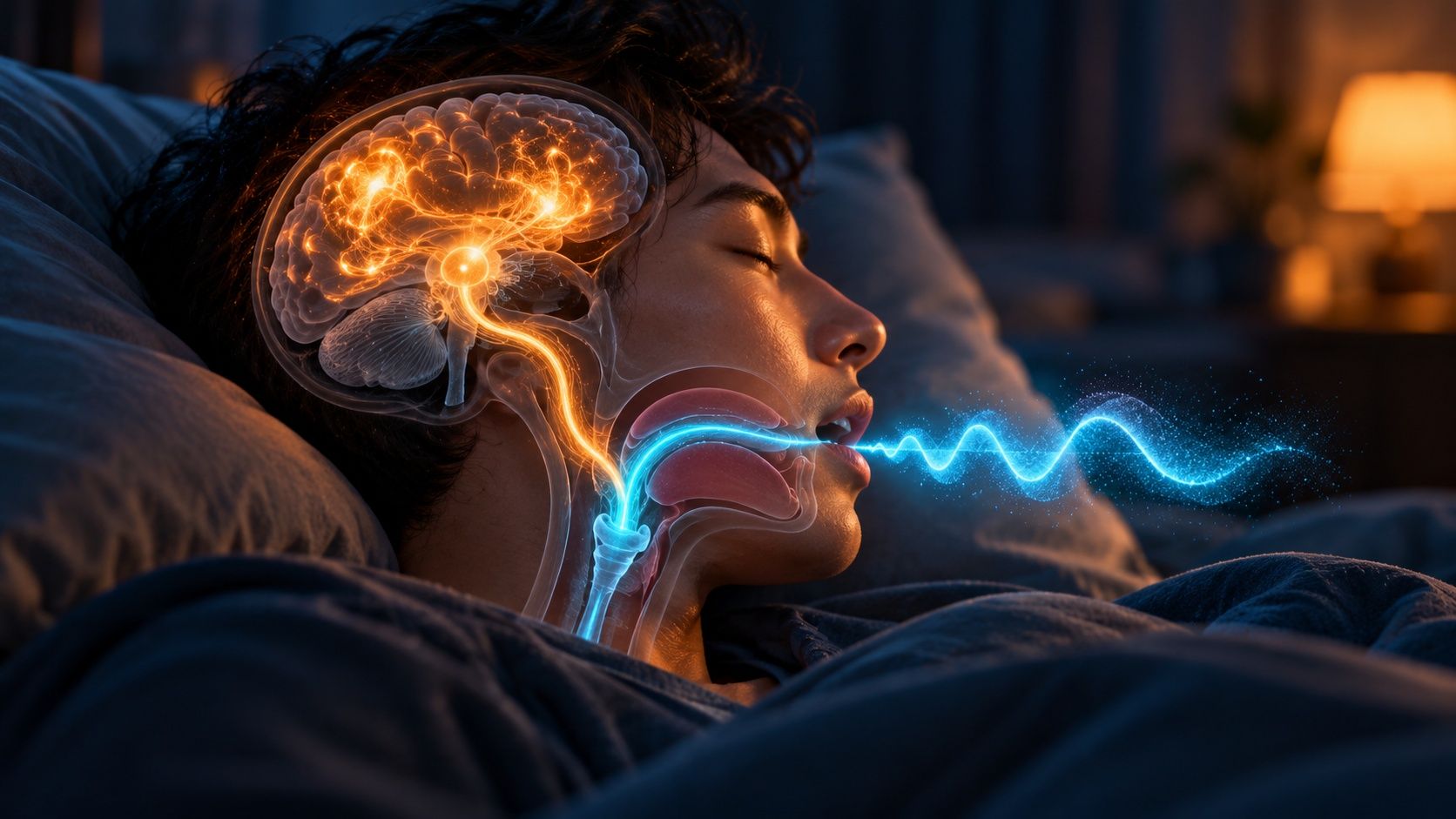 A young man asleep in bed with a see-through head showing a glowing brain sending a signal down to the throat, and a blue sound wave leaving his mouth