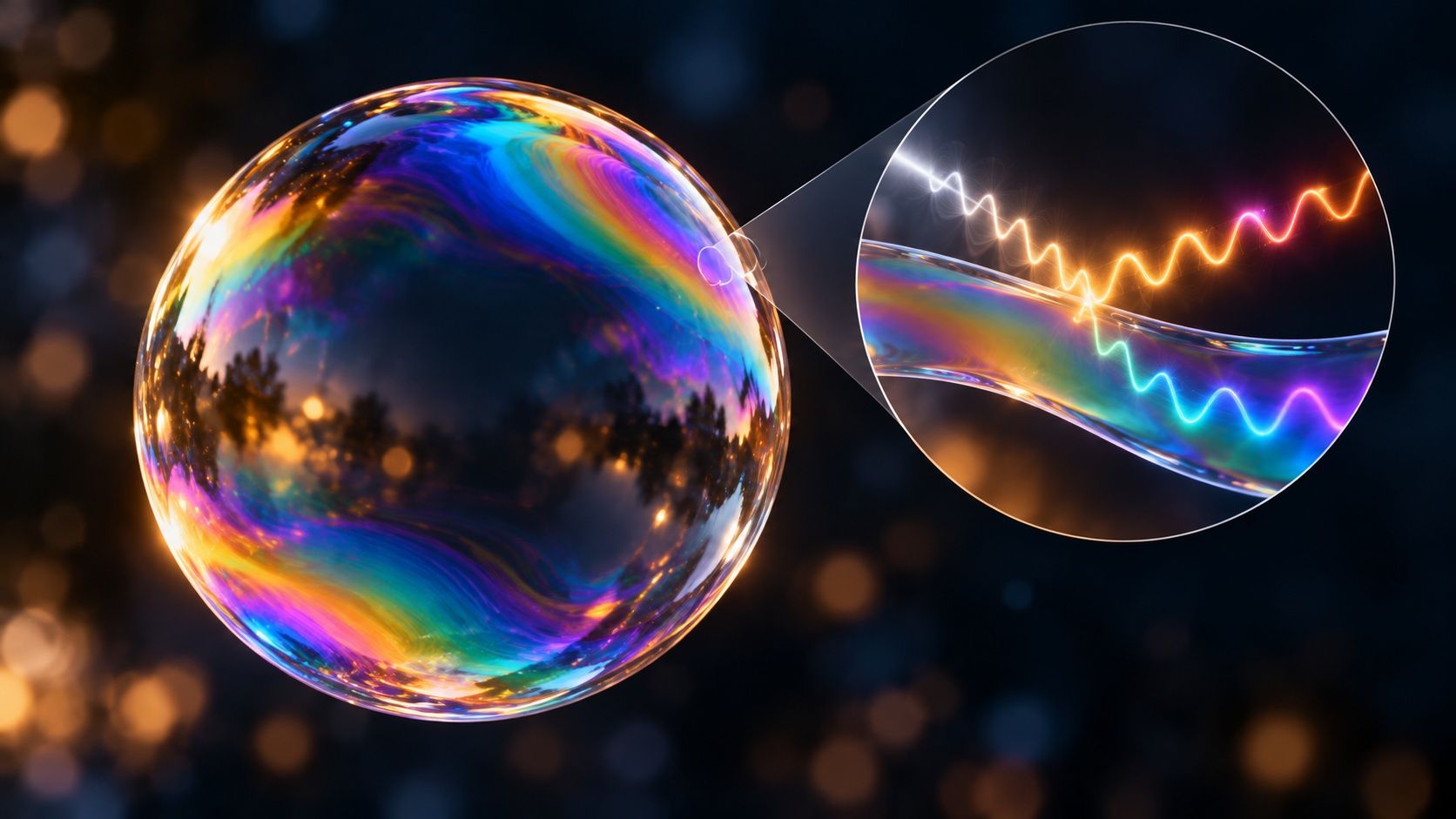 A soap bubble swirling with rainbow colors, with a close-up showing white light reflecting off both sides of the thin film as separate colored waves