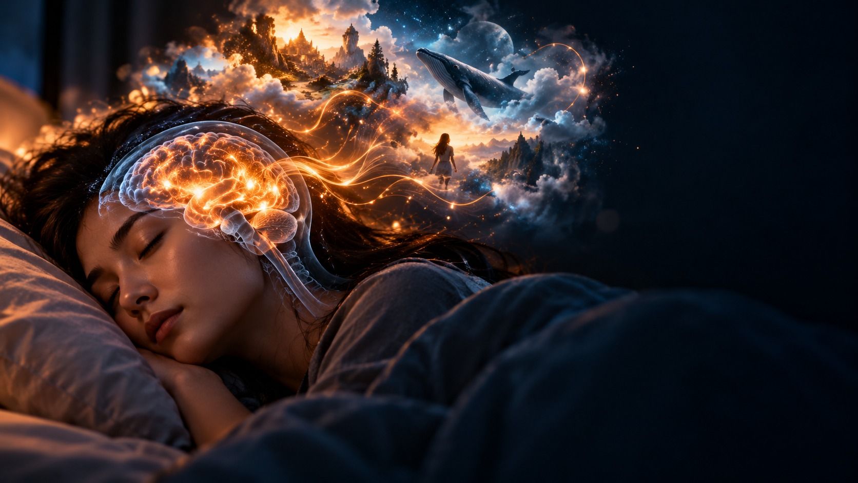 Woman asleep in bed with her glowing brain sending streams of light into a dream world of floating islands, a castle and a whale in the sky