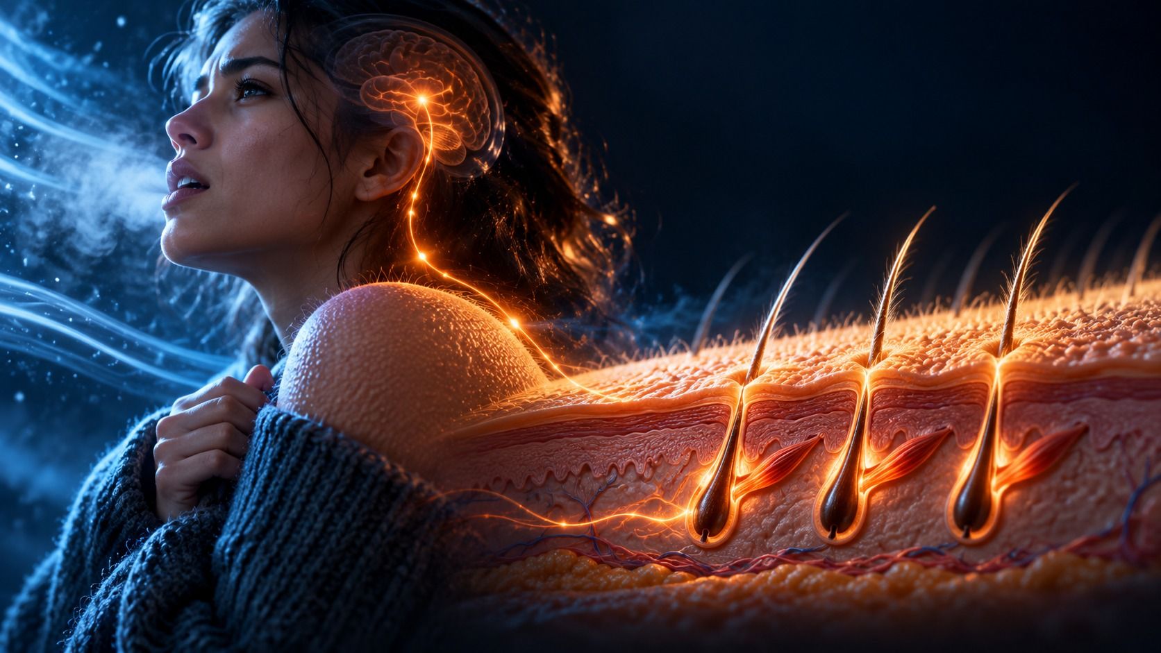 Woman shivering in cold wind with a glowing nerve signal running from her brain to a cutaway of skin where tiny muscles pull hairs upright