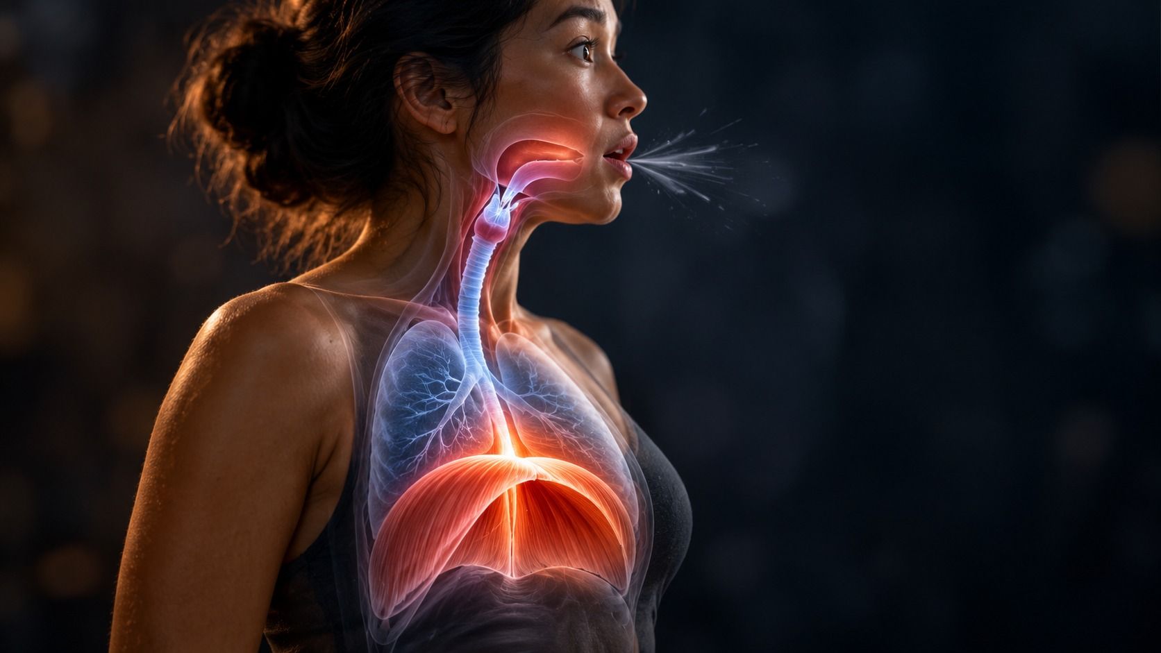 Woman in profile with see-through chest showing a glowing diaphragm under the lungs, the windpipe and the vocal cords in her throat