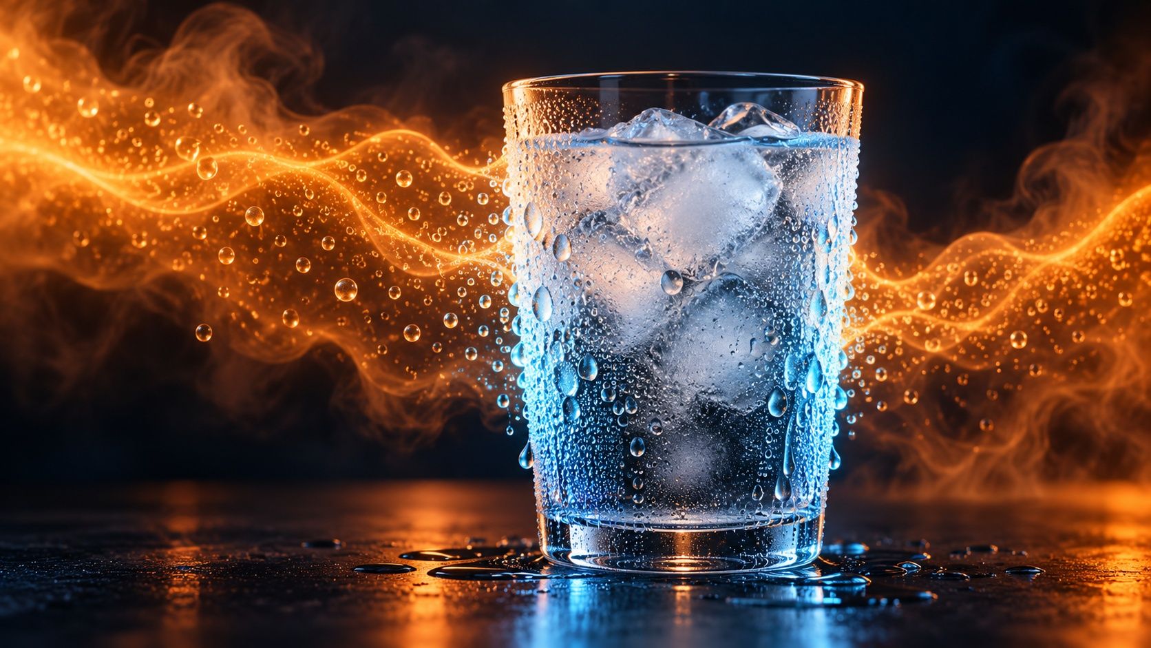 A glass of ice water covered in droplets, with glowing orange streams of warm, moist air flowing around it