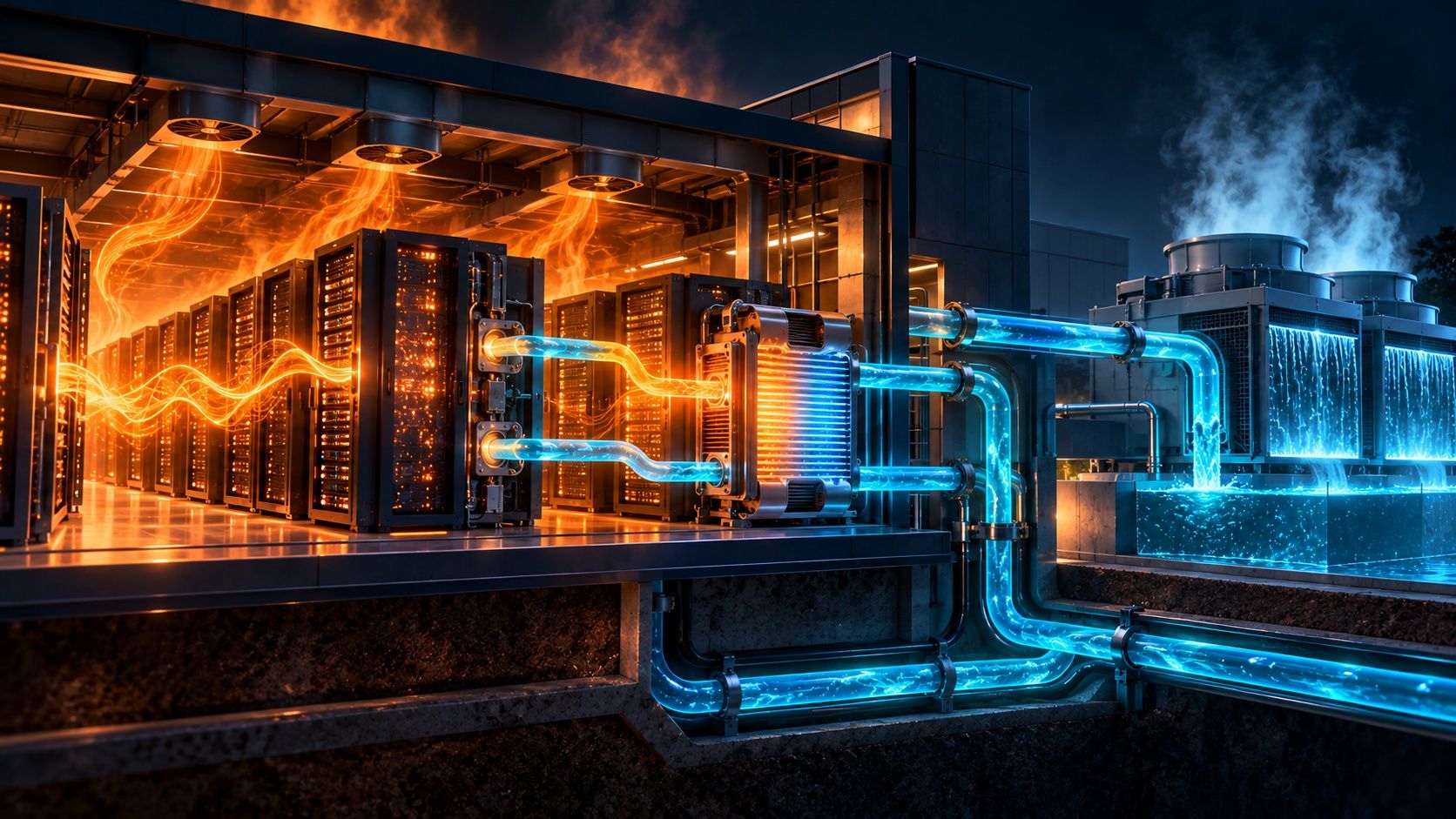A cutaway data center where hot server racks release orange heat, pipes carry it to a heat exchanger and blue water flows to cooling towers that release steam