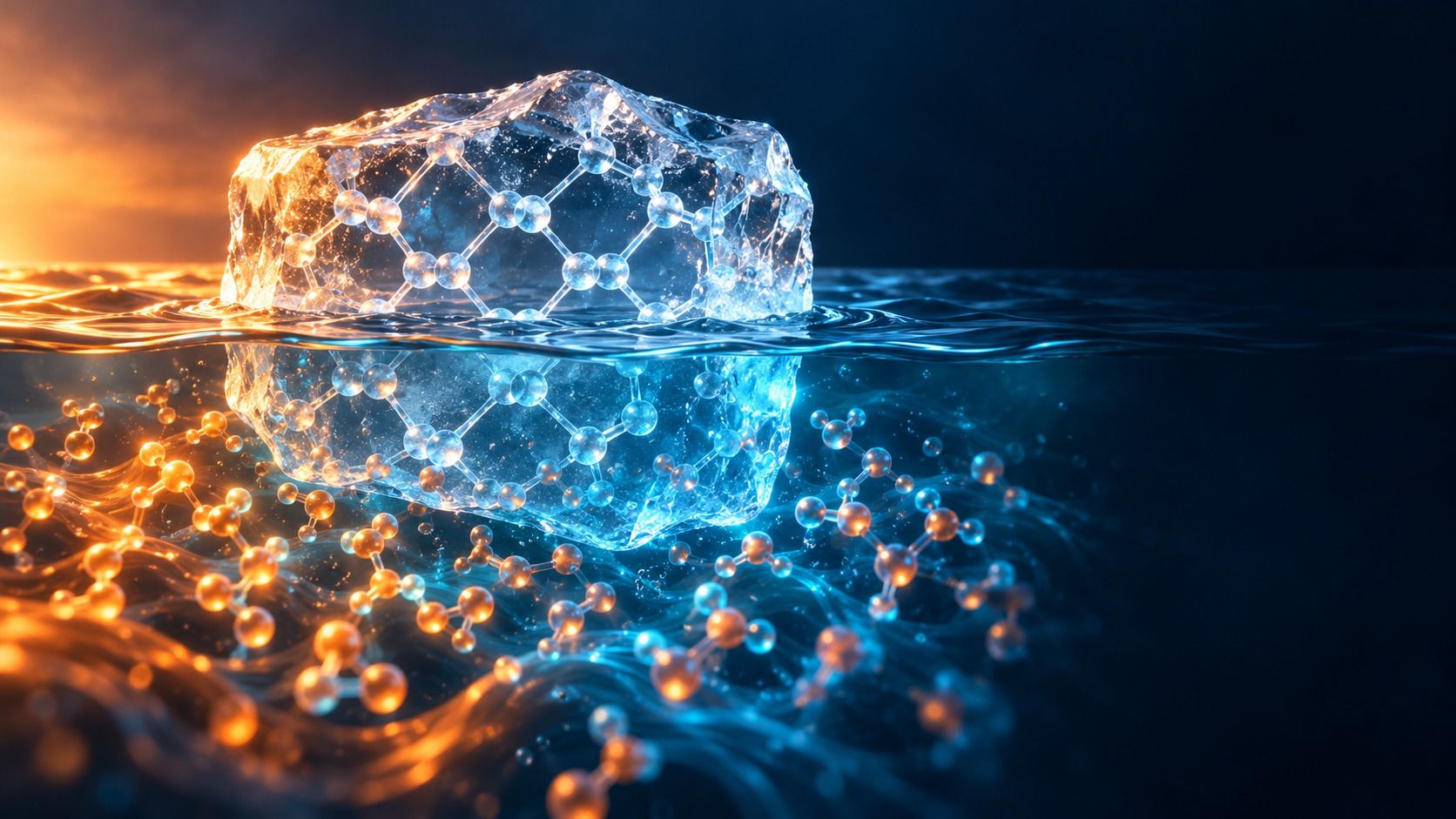 Ice cube floating in water with its molecules arranged in an open crystal pattern, while loose water molecules move freely in the water below