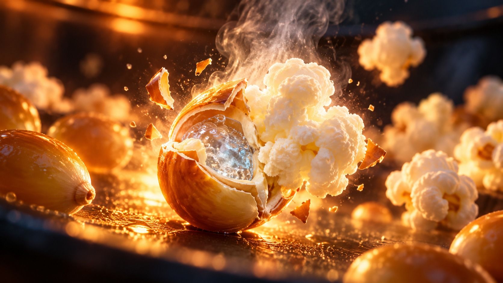 Close-up of a popcorn kernel bursting open with water and steam inside and fluffy white popcorn exploding out