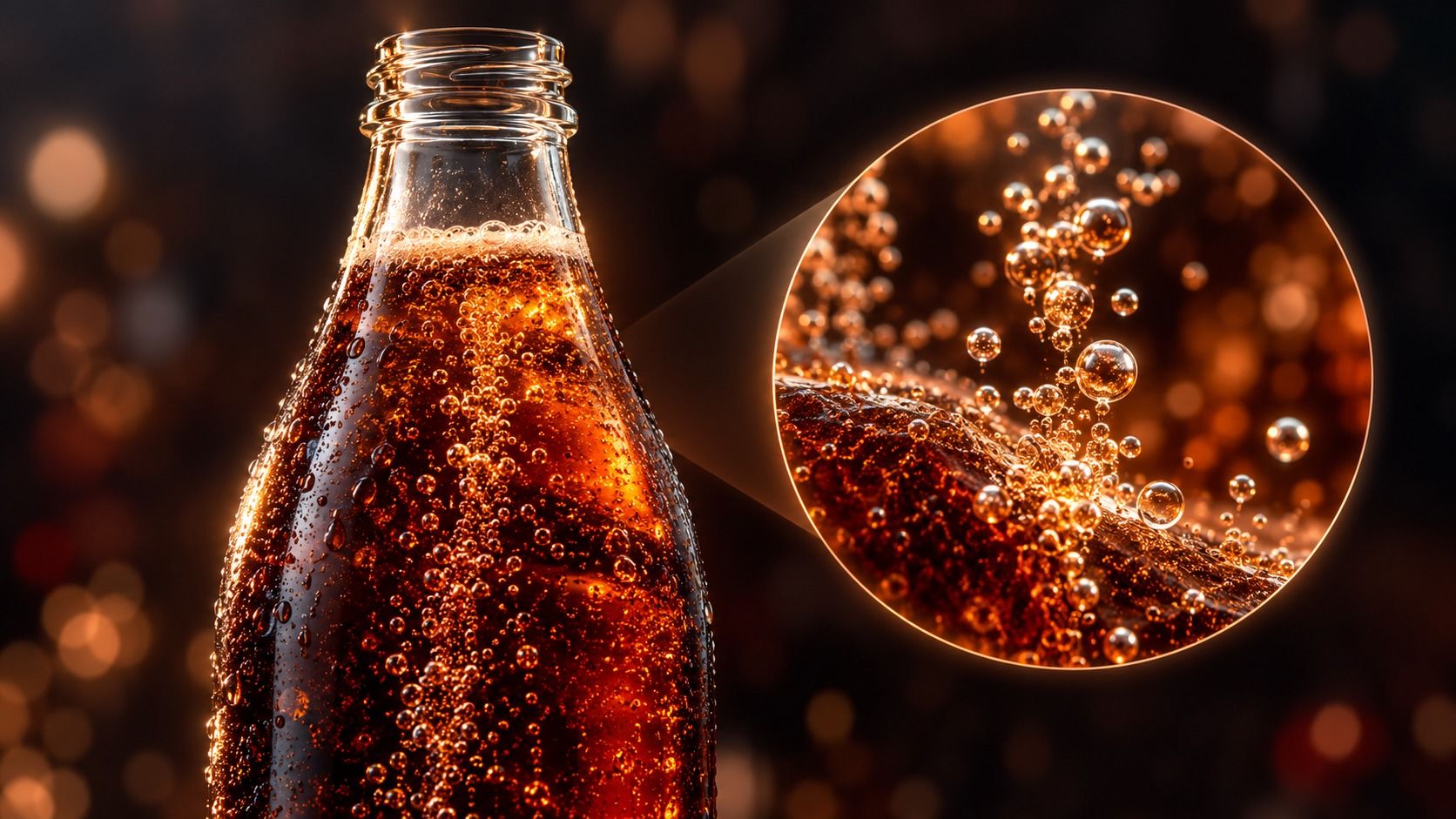 Bottle of cola full of rising bubbles, with a close-up of bubbles forming and streaming up through the liquid