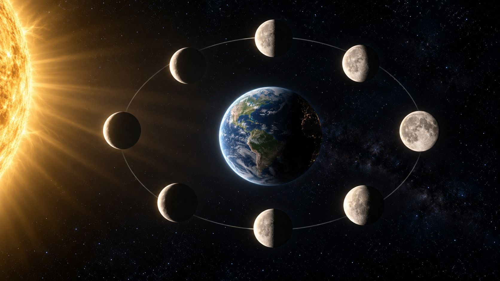 The Sun lighting the Earth and the Moon, with the Moon shown at eight points along its orbit in different phases