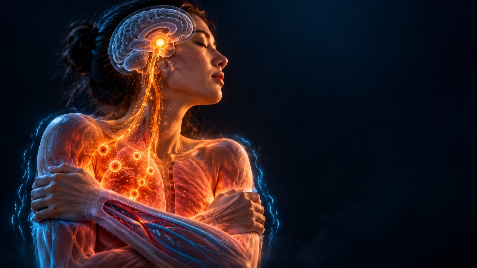 Woman hugging herself with chills, her body glowing warm inside, germs in her chest and a bright signal in the thermostat area of her brain
