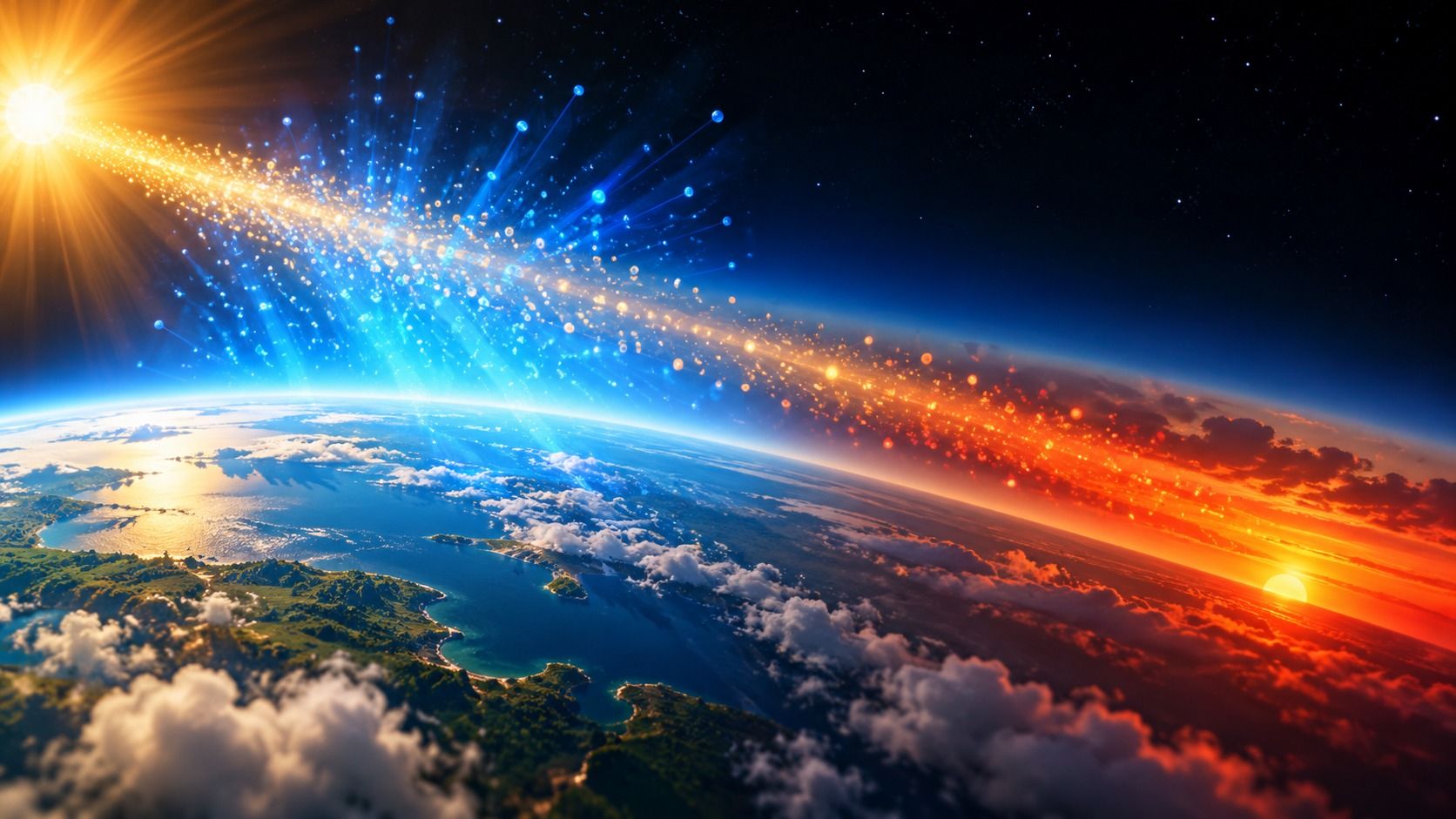 Earth seen from space with sunlight entering the atmosphere, blue light scattering across the day side and red-orange light at the sunset horizon