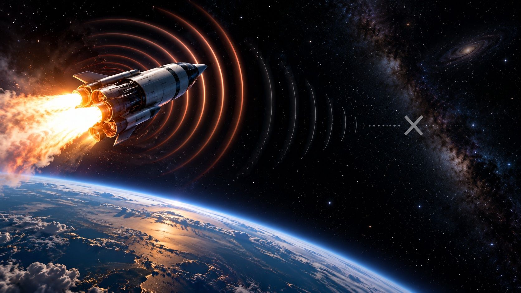 A rocket firing its engines above Earth, with orange sound waves around it that fade and stop with an X in the empty space
