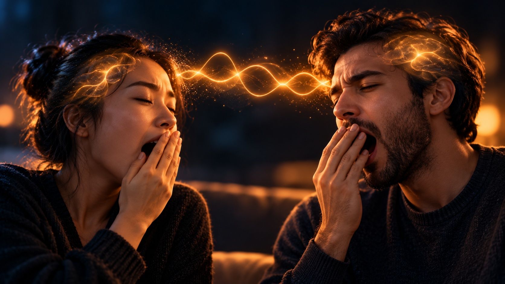 A woman yawning while a glowing signal travels from her head to a man next to her, who yawns too